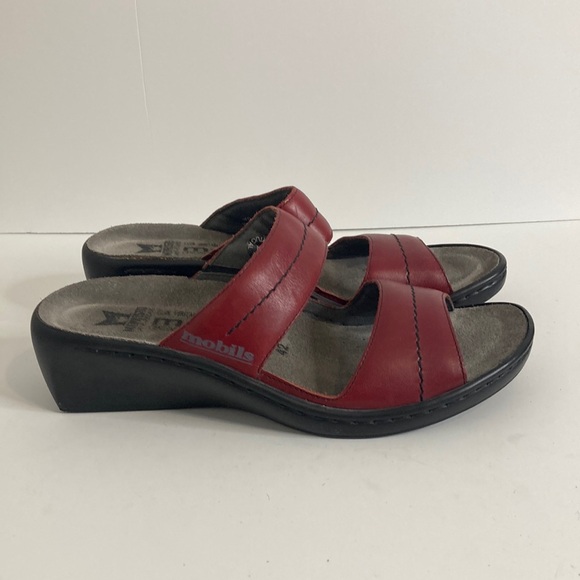 Mephisto Mobils Sandals Womens 42 12 Red Leather Two Strap Wedge Comfy Shoes - Picture 1 of 16